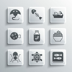 Set Turtle, Canned fish, Caviar, Sea cucumber in jar, Octopus, Fish hedgehog, Stingray and Fishing boat icon. Vector