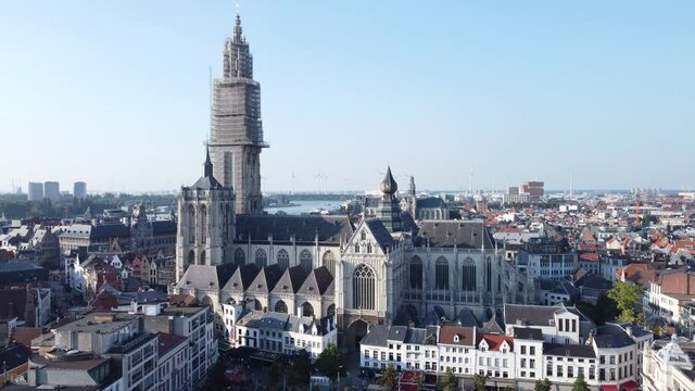 Drone video of Cathedral of Our Lady by Groenplaats Antwerp Antwerpen