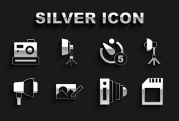 Set Photo retouching, Softbox light, SD card, camera, Camera timer, and icon. Vector
