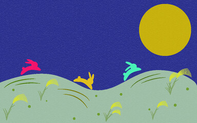 Plakat ススキ野原を走るカラフルうさぎと満月の夜