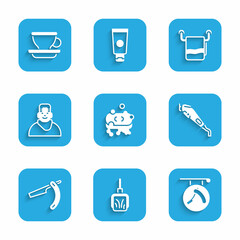 Set Bar of soap with foam, Dustpan, Barbershop razor, Electrical hair clipper, Straight, Client in barbershop, Towel on hanger and Coffee cup icon. Vector