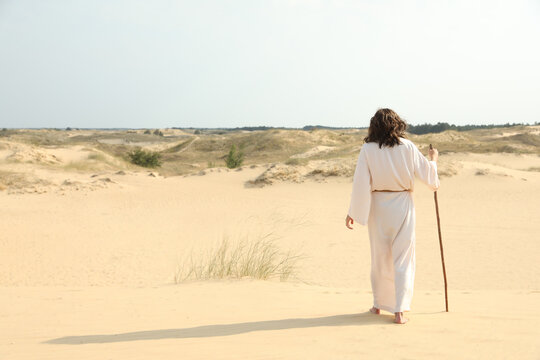 Jesus Christ Walking With Stick In Desert, Back View. Space For Text