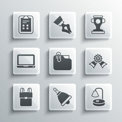 Set Ringing bell, Table lamp, Medal, Document folder with clip, School backpack, Laptop, Exam sheet check mark and Award cup icon. Vector