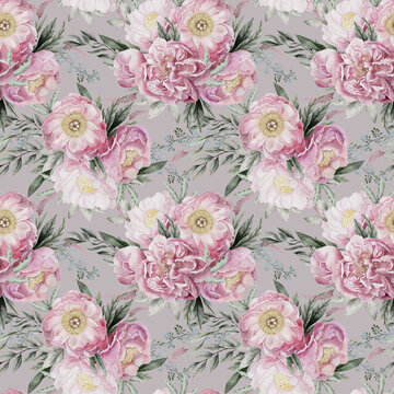 Watercolor pink roses pattern, botanical tiled texture, Hand painted delicate floral seamless background for textile, wallpapers or wrapping paper, Bohemian flowers, leaves, stems on gray background