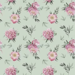 Fototapete Rund Watercolor pink roses pattern, hand drawn botanical tiled texture, Delicate floral seamless background for textile, wallpapers or wrapping paper, Bohemian flowers, leaves and stems on green background © Anton