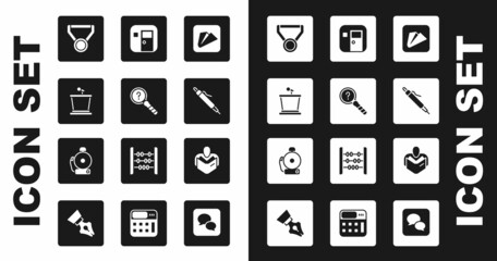 Set Paper airplane, Unknown search, Stage stand, Medal, Pen, School classroom, Man reading book and Ringing alarm bell icon. Vector