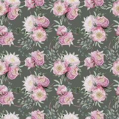 Watercolor pink roses pattern, botanical tiled texture, Delicate floral seamless background for textile, wallpapers or wrapping paper, Bohemian flowers, leaves and stems on green background