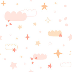 Abstract clouds, stars, linear shapes and circles. Magic, cute seamless pattern in pastel pink and golden colors. Hand drawn simple backdrop. Fantasy illustration for girls clothes, nursery.