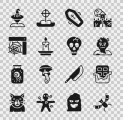 Set Flying bat, Chocolate bar, Zombie mask, Coffin with cross, Burning candle, Spider web, Witch and Skull icon. Vector