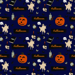 Halloween seamless pattern. Potion doodle and wiccan symbols, flies, spiders and skull, ghosts and brush strokes