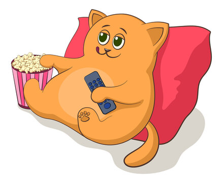 Cartoon Cat Televiewer with Popcorn and Remote Control From the TV. Vector