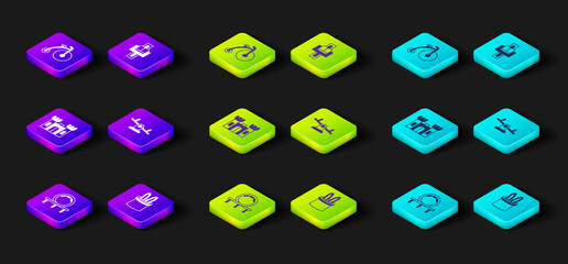 Set Roller coaster, Magician hat and rabbit ears, Castle, Seesaw, Attraction carousel and Vintage bicycle icon. Vector