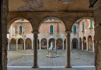 Inner courtyard with marble arches  in Venice, Italy