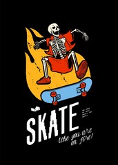 Skeleton character skateboarding on fire vintage typography street sports t-shirt print.