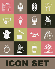 Set Circus tent, Vintage bicycle, Magician hat and rabbit ears, Hotdog sandwich, Ice cream waffle cone, Cannon, curtain raises and Attraction carousel icon. Vector