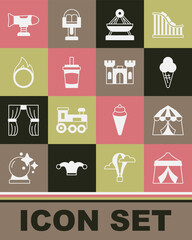 Set Circus tent, Ice cream in waffle cone, Boat swing, Paper glass with water, fire hoop, Swing plane and Castle icon. Vector