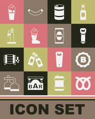 Set Pretzel, Bottle cap with beer, opener, Metal keg, Boot glass, Beer tap, Glass of and can icon. Vector