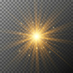 Realistic starburst lighting with sparkling particles. Yellow sun rays and glow on transparent background. Glowing light burst explosion. Flare effect decoration with ray sparkles. Vector illustration