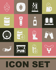 Set Sausage on the fork, Glass of beer, Beer brewing process, tap with glass, Bottle opener, Metal keg, Hop and bottle icon. Vector