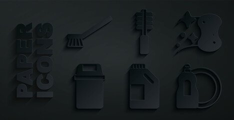 Set Bottle for cleaning agent, Sponge, Trash can, Dishwashing liquid bottle, Toilet brush and Brush icon. Vector