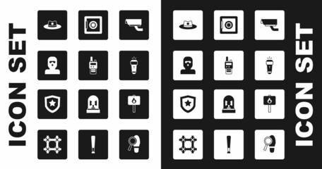 Set Security camera, Walkie talkie, Thief mask, Sheriff hat with badge, Flashlight, Safe, Protest and Police icon. Vector