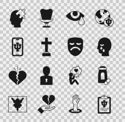 Set Psychology, Psi, Sedative pills, Man graves funeral sorrow, Tear cry eye, Graves, Psychologist online, Solution to the problem and Drama theatrical mask icon. Vector