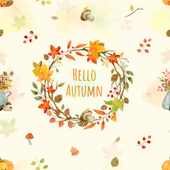 Hello, Autumn - Autumn watercolor seamless pattern with pumpkins and autumn treasures on light yellow background. For Thanksgiving card or wrapping.