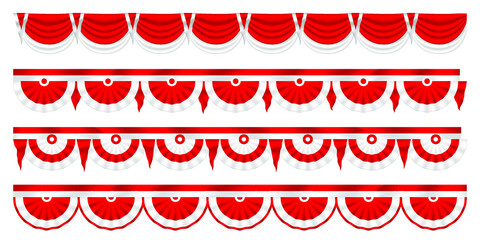 Vector red and white traditional silk ribbons and hanging drapery decoration elements for Indonesian public holidays and Independence Day, seamless horizontal patterns set