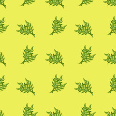 Seamless pattern bunch arugula salad on yellow background. Simple ornament with lettuce.