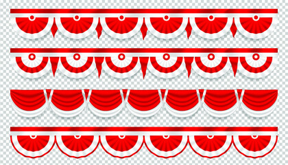 Red and white vector realistic silk ribbons holiday decorations for Independence Day in colours of national flags of Indonesia, Poland, Singapore, Denmark, Monaco, Peru, Georgia, Austria and Tunisia - obrazy, fototapety, plakaty