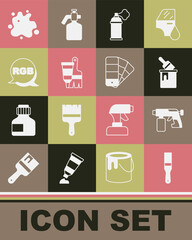 Set Paint brush, spray gun, bucket with, can, Tube paint and, RGB, and Color palette guide icon. Vector