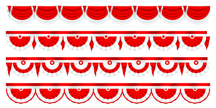 Vector red and white traditional silk ribbons and hanging drapery decoration elements for Indonesian public holidays and Independence Day, seamless horizontal patterns set - Powered by Adobe