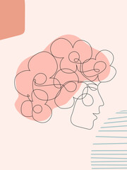 Woman face with flowers abstract one continuous line portrait. Modern minimalist style illustration for posters, t-shirts prints, avatars, postcard and brochure. Single line draw graphic design