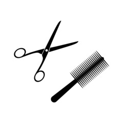 Silhouette of hairdressing scissors and a round comb in black on a white background.