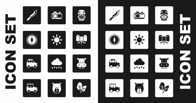 Set Mexican mayan or aztec mask, Sun, Compass, Machete, Elephant, Photo camera, Hippo Hippopotamus and Car icon. Vector