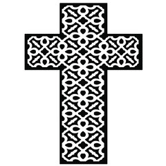 cross with black and white patterns on a white background. 