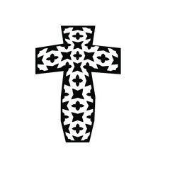 cross with black and white patterns on a white background. 