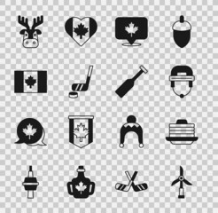 Set Wind turbine, Stack of pancakes, Hockey helmet, Canadian maple leaf, Ice hockey stick and puck, Flag Canada, Deer head with antlers and Paddle icon. Vector