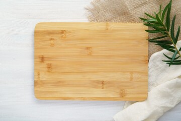 Wooden cutting board mockup, top view composition with rustic decorations, kitchen flat lay with...