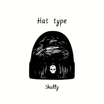 Hat type, Skully. Ink black and white drawing outline illustration
