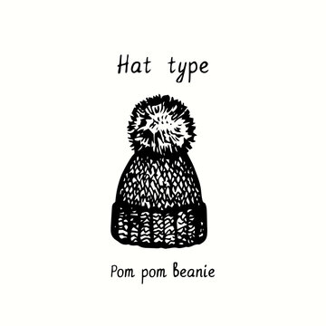 Hat Type, Pom Pom Beanie. Ink Black And White Drawing Outline Illustration