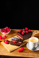 Chocolate cake with raspberries and coffee