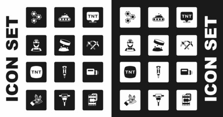 Set Dynamite, Giant magnet holding iron dust, Miner helmet, Gem stone, Pickaxe, Conveyor belt carrying coal, Flashlight and icon. Vector