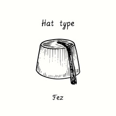 Hat type, Fez. Ink black and white drawing outline illustration - obrazy, fototapety, plakaty