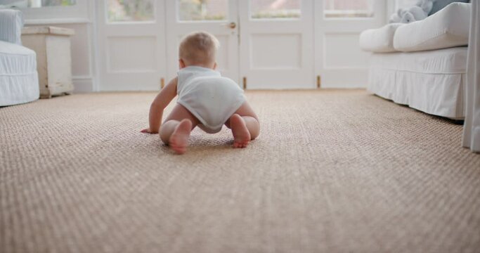 cute baby toddler learning to walk exploring home having fun curious infant walking through house enjoying childhood 4k footage