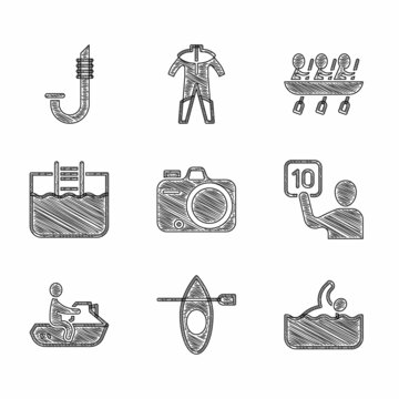 Set Photo camera, Kayak and paddle, Swimmer, Assessment of judges, Jet ski, Swimming pool with ladder, Canoe rowing team sports and Snorkel icon. Vector
