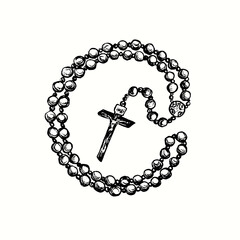 Vintage style prayer beads (Roman Catholic rosary beads). Ink black and white drawing  illustration