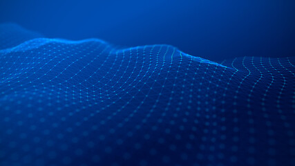 Background with a connection of triangles, dots and lines. Abstract dynamic wave. Network connection structure. 3D rendering.