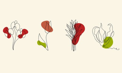 floral set in the style of a one line art with colored spots. Vector illustration for icons, instagram, beauty salons