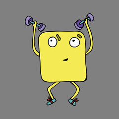 Ekonka sports. Vector character lifts weights. Strength exercises. Cartoon. Isolated Doodles